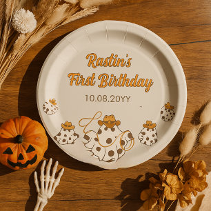 Retro Cowboy Halloween Chequered Pattern Birthday Paper Plate