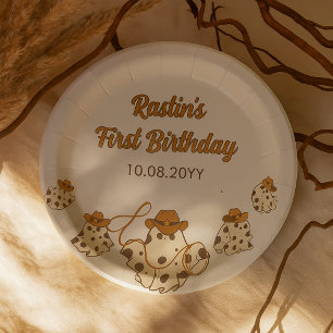 Retro Cowboy Halloween Chequered Pattern Birthday Paper Plate