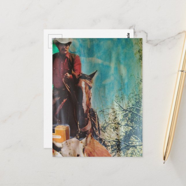 Retro Cowboy Mixed Media Collage Postcard (Front/Back In Situ)