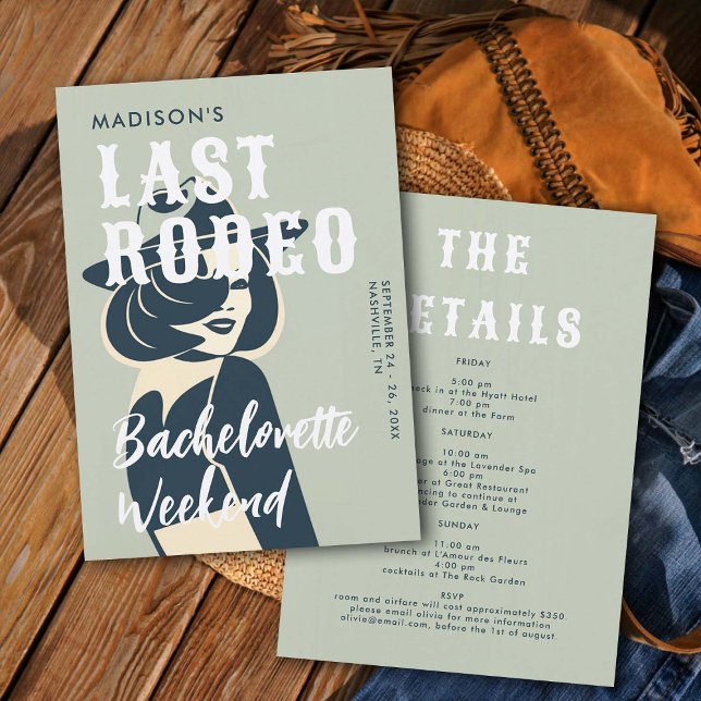 Retro Cowgirl Last Rodeo Glam Sage Bachelorette Invitation (last rodeo bachelorette weekend invitation itinerary retro vintage elegant glam cowgirl sage green)