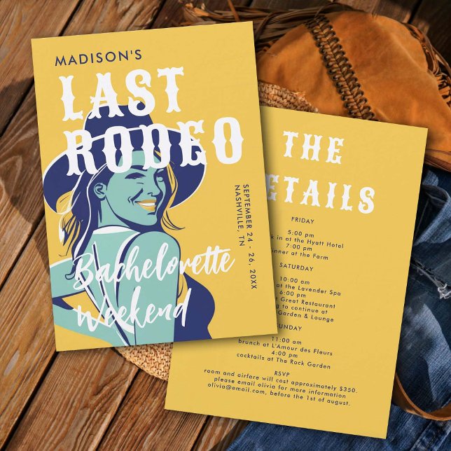 Retro Cowgirl Last Rodeo Glam Yellow Bachelorette Invitation (last rodeo bachelorette weekend invitation itinerary retro vintage elegant glam cowgirl yellow blue)