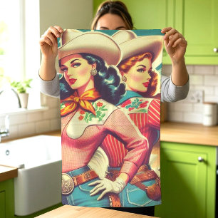 Retro Cowgirls Pin-ups Tea Towel