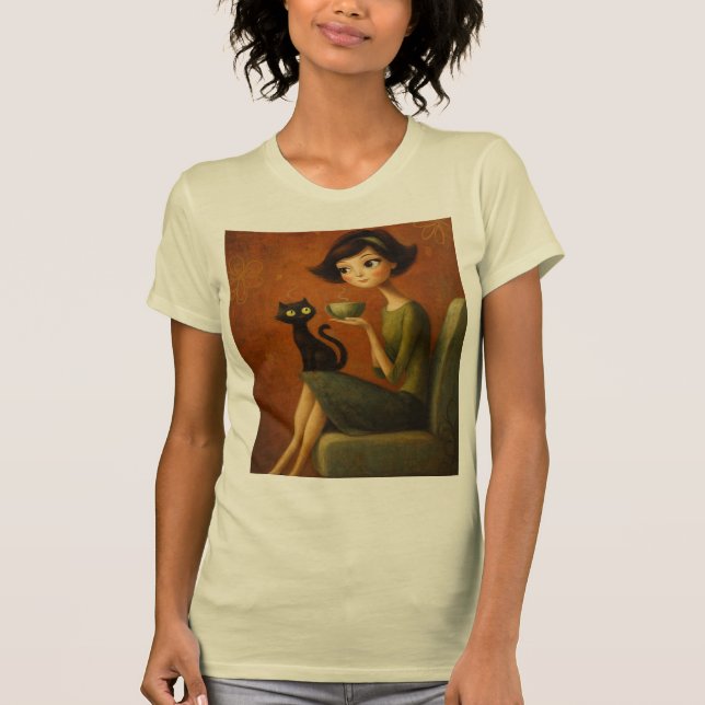 Retro Cozy Morning Black Cat Aesthetic Tee (Front)