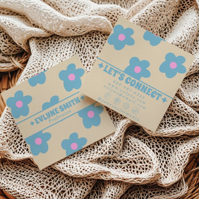 Retro Cream Blue Groovy Floral Trendy Fun Boho Square Business Card (Creator Uploaded)