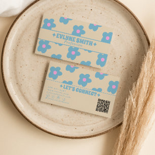 Retro Cream Blue QR Code Groovy Floral Boho Unique Business Card