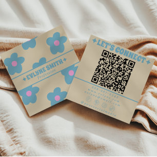 Retro Cream Blue QR Code Groovy Floral Fun Boho Square Business Card