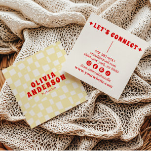 Retro Cream Bold 70's Boho Groovy Checkered Trendy Square Business Card