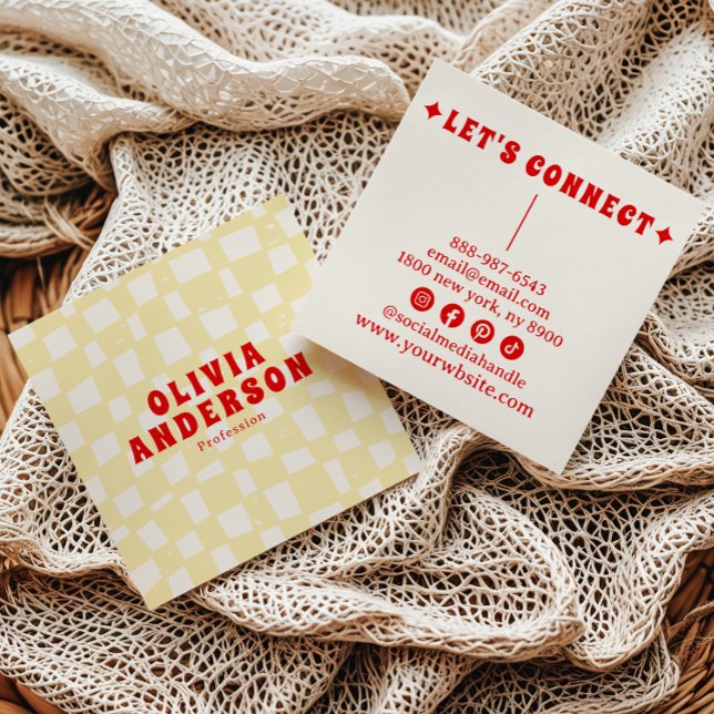 Retro Cream Bold 70's Boho Groovy Chequered Trendy Square Business Card (Creator Uploaded)