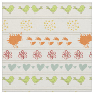 Retro cream offwhite pattern of birds, dots, foots fabric