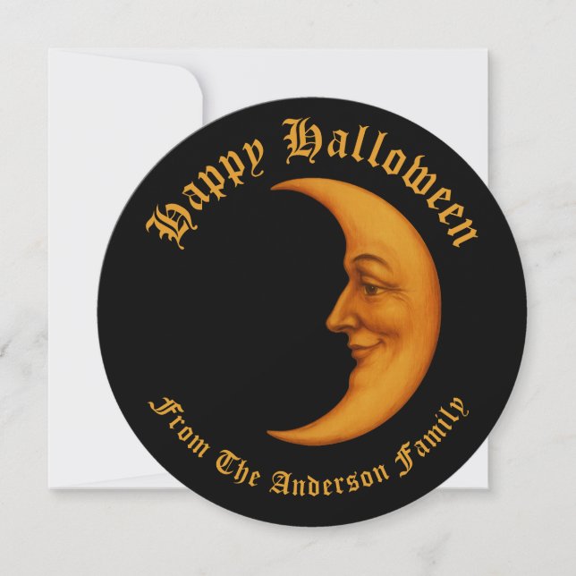 Retro Crescent Moon Face Happy Halloween Holiday Card (Front)
