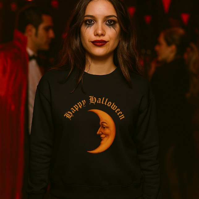 Retro Crescent Moon Face Happy Halloween Sweatshirt (Creator Uploaded)