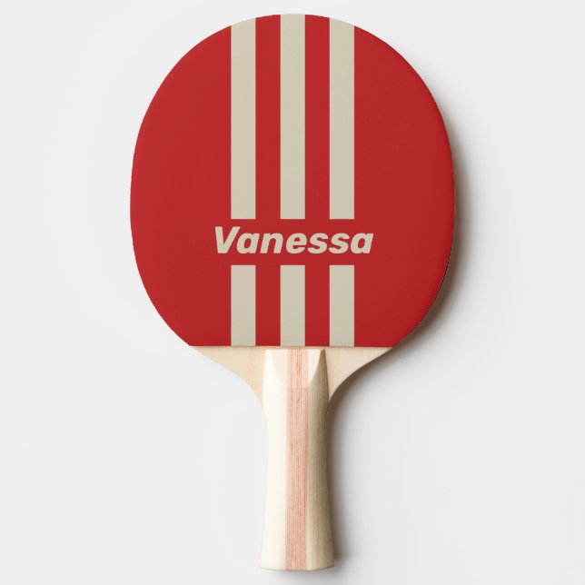 Retro Crimson Three Pin Stripes with Name Ping Pong Paddle (Front)
