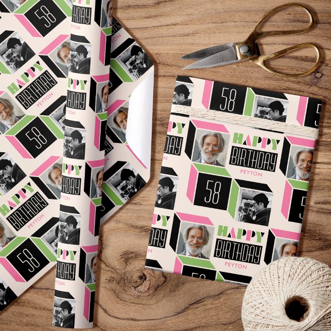 Retro Cube Modern Photo Birthday 58th Pink Green Wrapping Paper (Creator Uploaded)