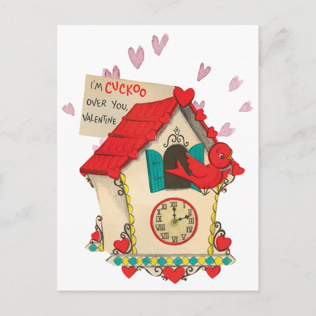 Retro Cuckoo Clock Bird Valentine Postcard (Front)