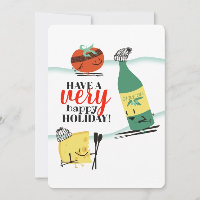 Retro culinary tomato olive oil cheese Christmas Holiday Card (Front)
