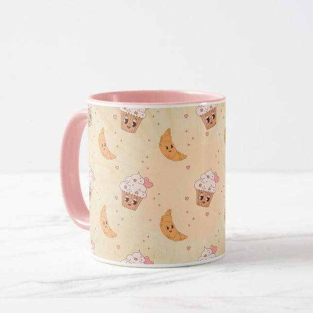 Retro Cupcakes & Croissants Pattern Mug (Front Left)