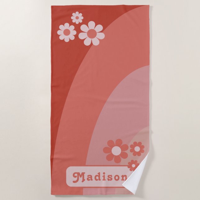 Retro Curves Orange Daisy Name Beach Towel (Front)