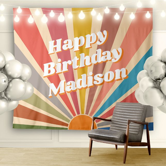 Retro Custom Birthday Party Name Vintage Sunburst Tapestry (Creator Uploaded)