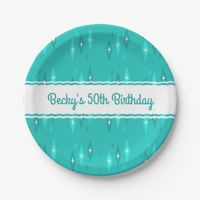 Retro Custom Birthday Party Turquoise Paper Plate (Front)