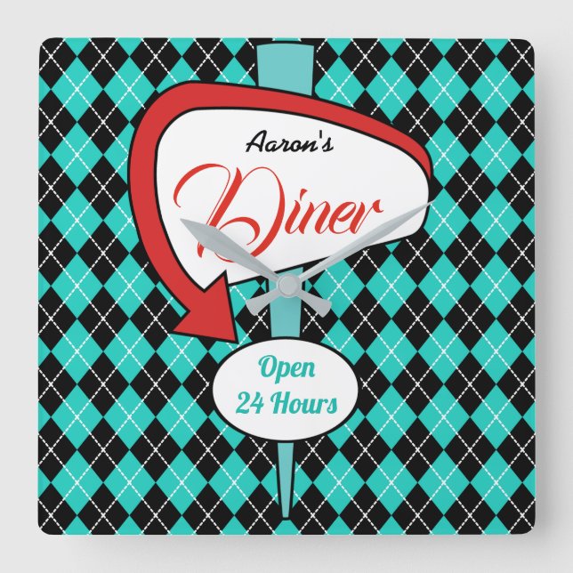 Retro Custom Diner Sign Kitchen Clock Gift (Front)