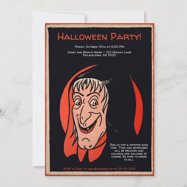 Retro Customisable Witch Invitation (Front)