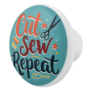 Retro "Cut Sew Repeat" Sewing Lover Design Ceramic Knob