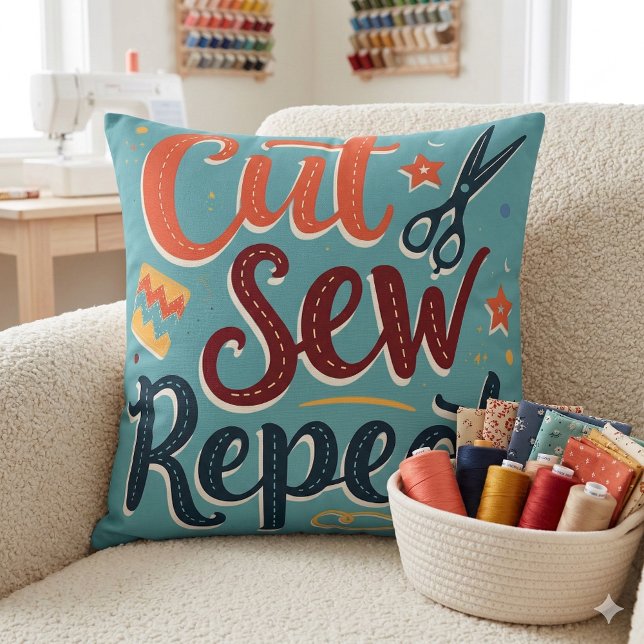 Retro "Cut Sew Repeat" Sewing Lover Design Cushion (Retro Cut Sew Repeat Sewing Lover Design Throw Pillow Mockup A)