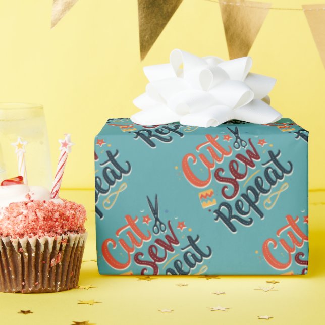 Retro "Cut Sew Repeat" Sewing Lover Design Wrapping Paper (Birthday Party)