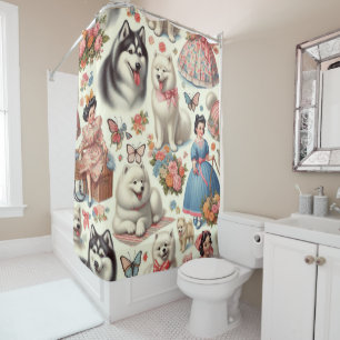 Retro Cute American Eskimo Seamless Shower Curtain