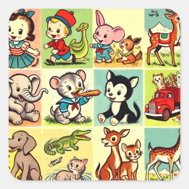Retro Cute Animals Comics Square Sticker (Front)