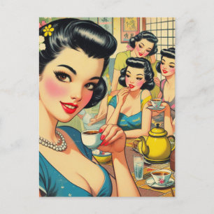 Retro Cute Asian Girl Illustration Postcard