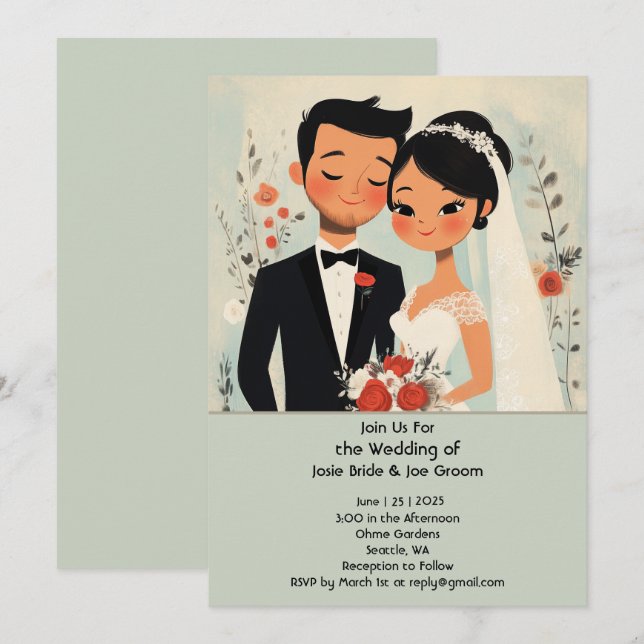 Retro cute Asian love wedding invitation (Front/Back)