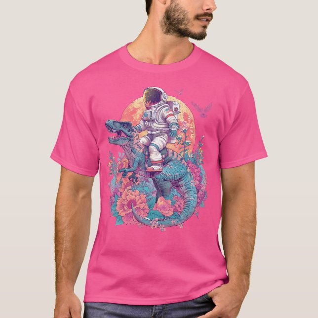 Retro Cute Astronaut On Dino Trex Floral T-Shirt (Front)