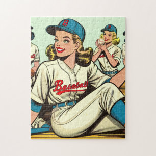 Retro Cute Baseball Girls Comics Jigsaw Puzzle