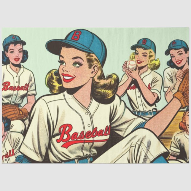 Retro Cute Baseball Girls Comics Tissue Paper (Front)