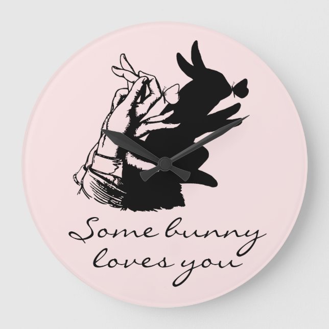 Retro Cute Black Bunny Butterfly Blush Pink Script Large Clock (Front)