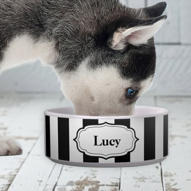 Retro Cute Black & White Stripe Ceramic Pet Bowl (personalized black and white stripe bowl for good)
