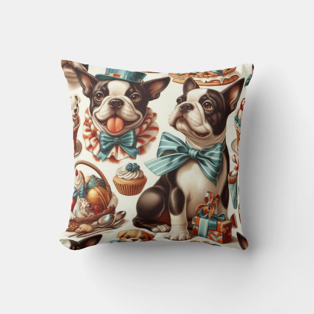 Retro Cute Boston Terrier Illustration Cushion (Front)