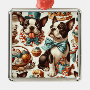 Retro Cute Boston Terrier Illustration Metal Tree Decoration