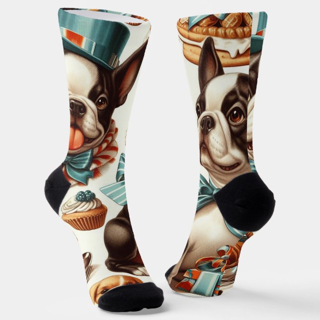 Retro Cute Boston Terrier Illustration Socks (Angled)