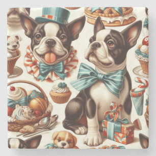 Retro Cute Boston Terrier Illustration Stone Coaster
