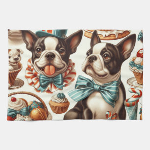 Retro Cute Boston Terrier Illustration Tea Towel