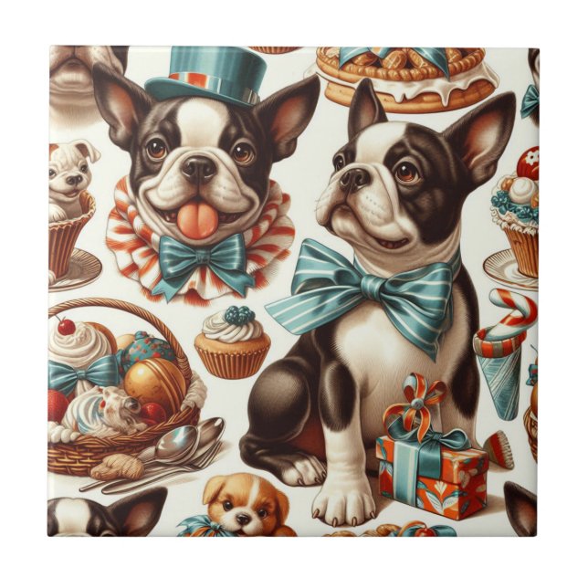 Retro Cute Boston Terrier Illustration Tile (Front)