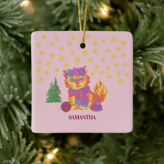Retro Cute Cat Christmas Ceramic Ornament