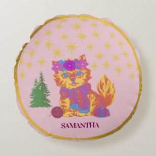 Retro Cute Cat Christmas  Round Cushion