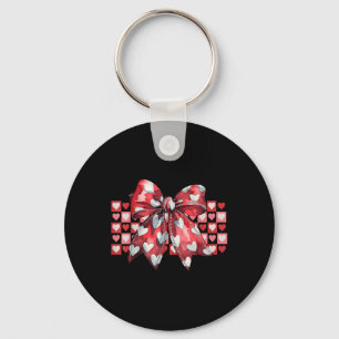 Retro Cute Chequered Heart Coquette Red Bow Valent Key Ring