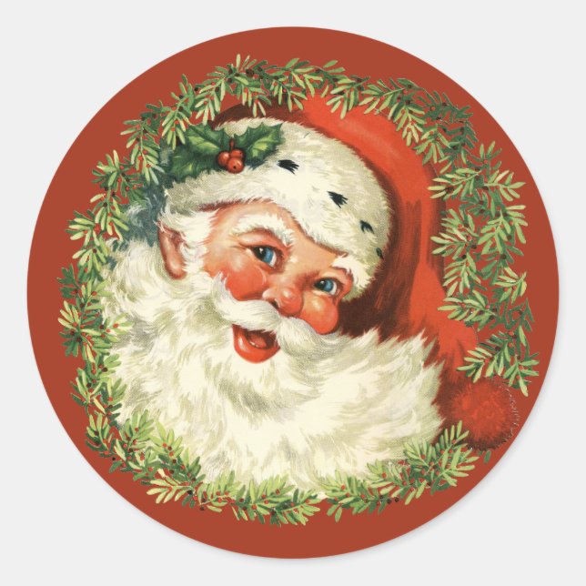 Retro Cute Chubby Santa Wreath Christmas Holiday Classic Round Sticker (Front)
