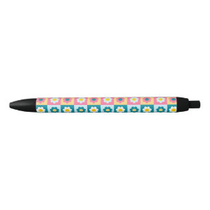 Retro Cute colorful Pastel Flowers Pattern  Black Ink Pen