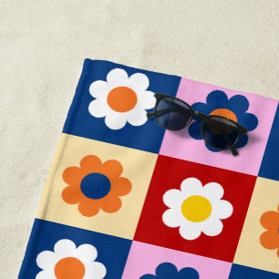 Retro Cute colourful Flowers Pattern  Beach Towel
