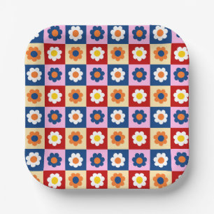 Retro Cute colourful Pastel Flowers Pattern Paper Plate